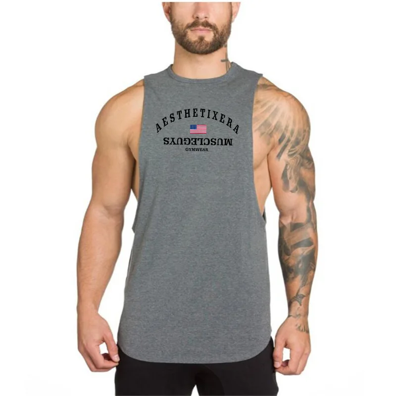 Męskie sportowe kamizelka do biegania bawełna bez rękawów t shirt mężczyźni kulturystyka koszulka treningowa męskie gym Stringer tank top odzież