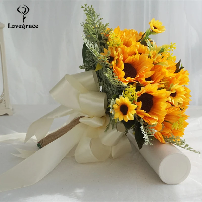 Girasoli di seta Wedding Bouquet di Fiori Matrimonio Accessori Piccolo Bouquet Da Sposa Bouquet Da Sposa per Le Damigelle D'onore Della Decorazione