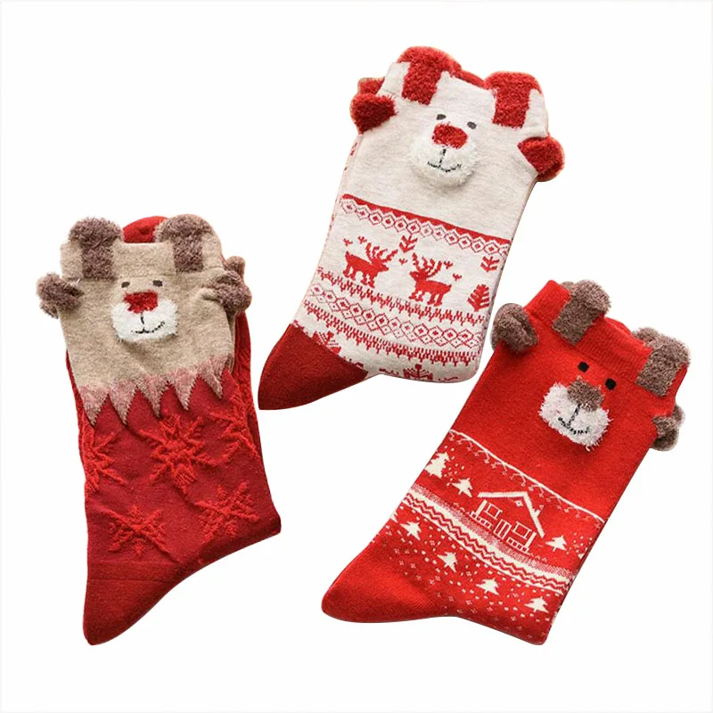 

HOT! Women's Socks 3D Christmas Deer Gift Socks Autumn Winter Ladies Casual Cute Socks Female Cartoon Socks Warm 3pairs/lot