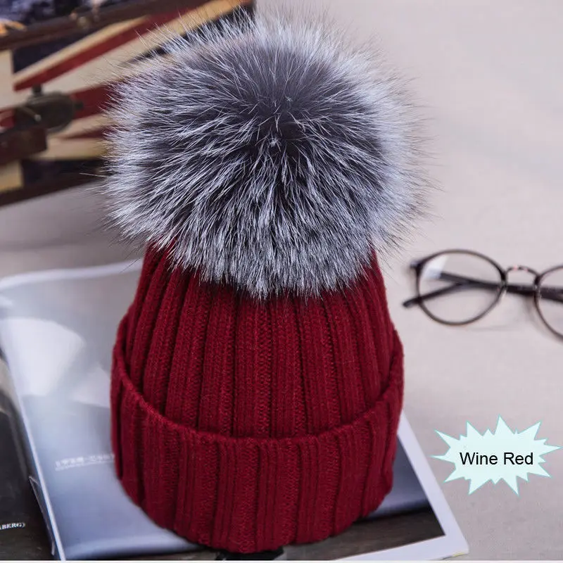 Winter NEW Women Pom Pom Beanies Warm Knitted Bobble Girl Fur Pompom Hats Real Raccoon Fur Pompon Casual Hat Cap