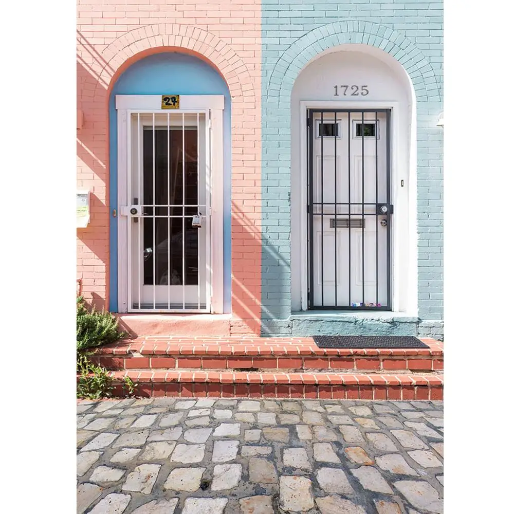 Pink Blue Brick Wall Arch Door Photography Backdrops Vinyl Background Photo Studio for Children Lovers Portrait  Photophone