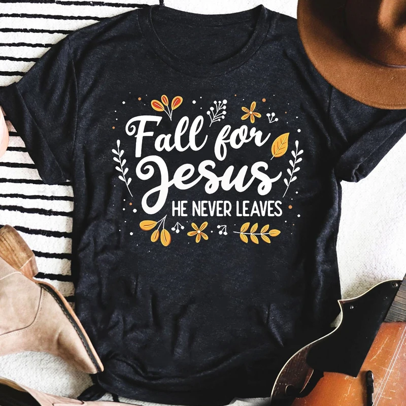 

Colored Fall For Jesus He Never Leaves Shirt Retro Autumn Thanksgiving Day Tshirt Cute Women Graphic Christian Bible Tees Tops