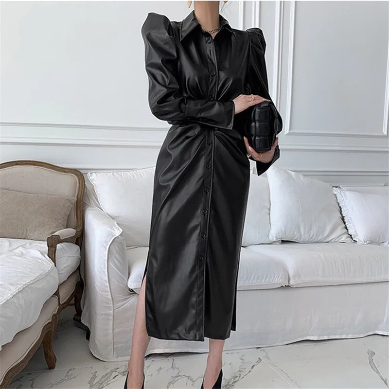 Black PU Leather Dress Jacket Women Single Breasted Belt Fashion Puff Sleeve High Waist Long Dress Ladies Sexy Slim Party Dress