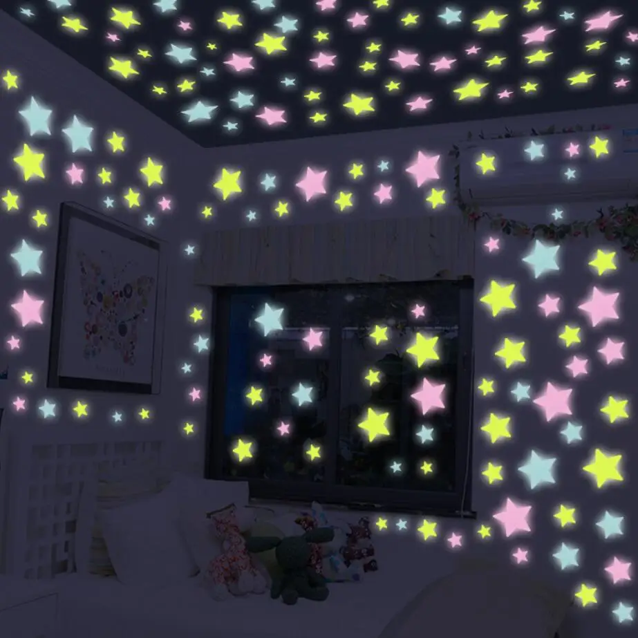 Pegatinas de estrellas luminosas de 3cm, pegatinas de PVC que brillan en la oscuridad, juguete de pintura fluorescente para dormitorio, sofá,