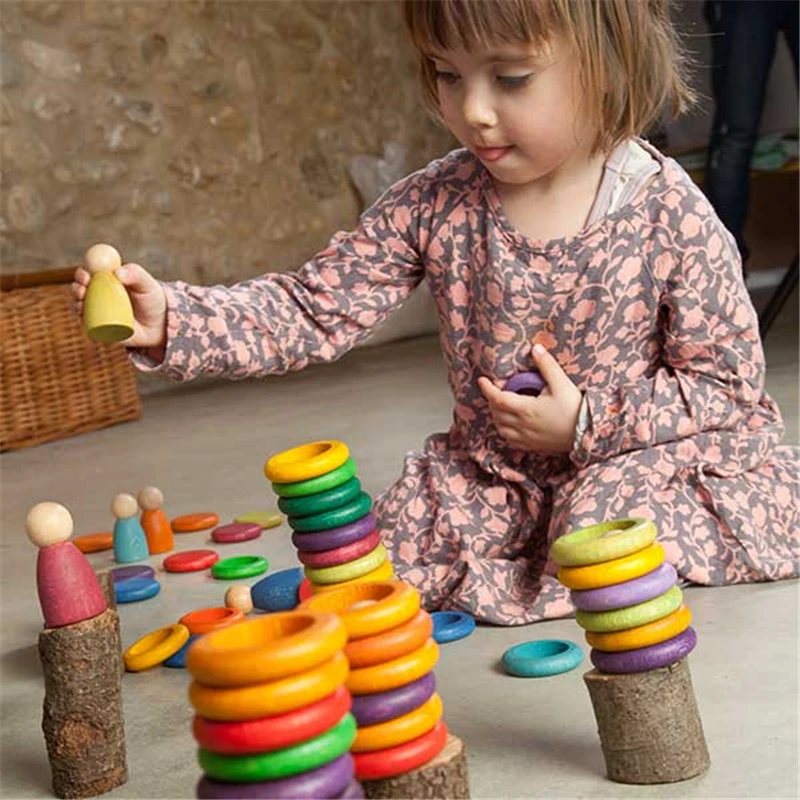 72pcs monete anelli blocchi creativi per bambini legno di faggio arcobaleno stagione colore naturale smistamento impilatore bambini giocattoli educativi Montessori