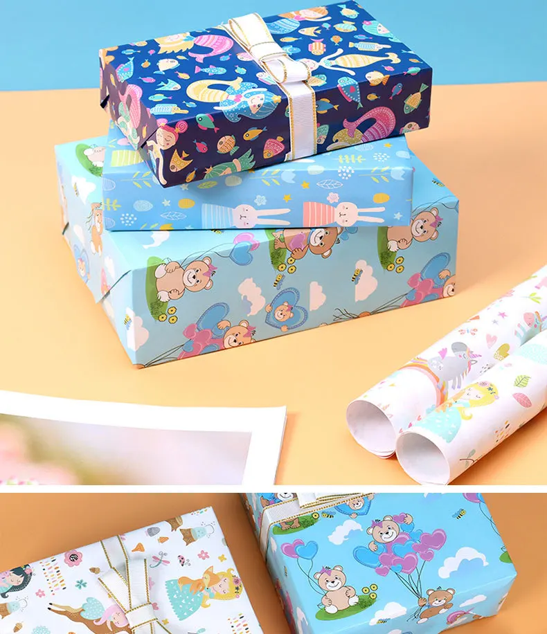 Carta da regalo natalizia, 6 fogli di carta natalizia colorata, simpatico cartone animato, per bambini, per Natale, feste, decorazione (70 x 50 cm