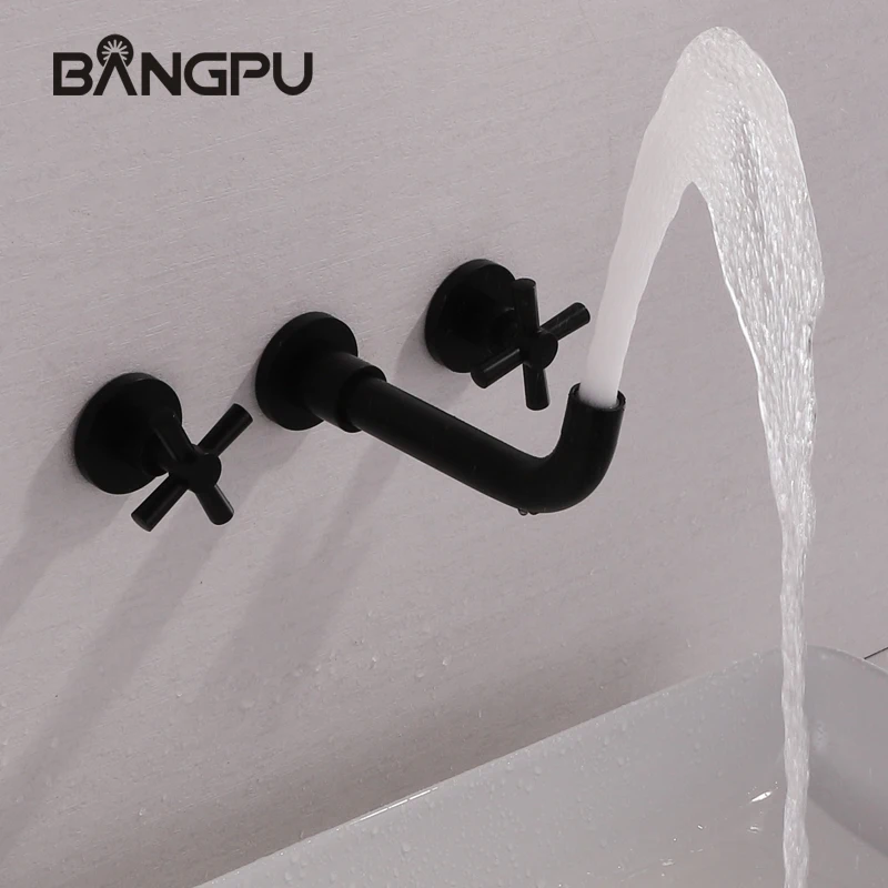 BANGPU Wall Mounted Bathroom Faucet Black Basin Faucet 3 Holes Sink Faucet Rotary Spout Basin Faucet Basin Sink Tap Bathroom Tap