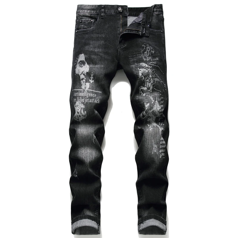 European American Men's Jeans Digital Printing Slim Fit Personality Simplicity Trendy Denim Pants International Big-name Trouser