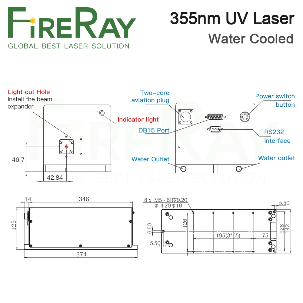 Fireray-統合されたuvレーザーモジュール,355nm,3w,5w,冷却および空冷,レーザーパス付き,ガラスマーキング用