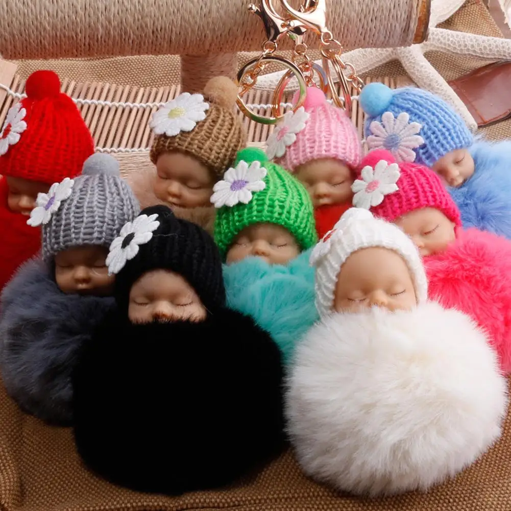 Sleeping Baby Fluffy Pompom Plush Doll Hanging Pendant Key Ring Keychain Birthday Gift Wind Chimes Hanging Ornament Decorations