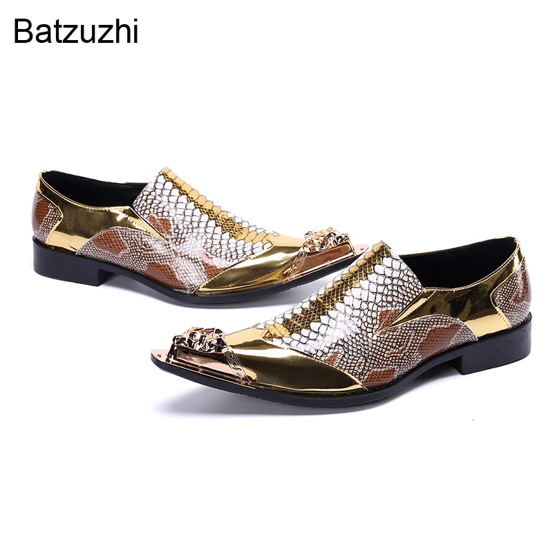 

Batzuzhi Luxury Handmade Men's Shoes Pointed Toe Leather Dress Shoes Men Slip on Gold Oxfords for Men Partry/Wedding, EU38-46