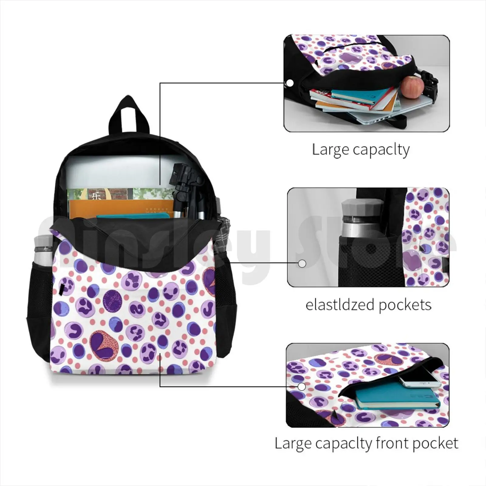 Large White Blood Cell Pattern Outdoor Hiking Backpack Waterproof Camping Travel Lab Science Medicine Hematology Blood