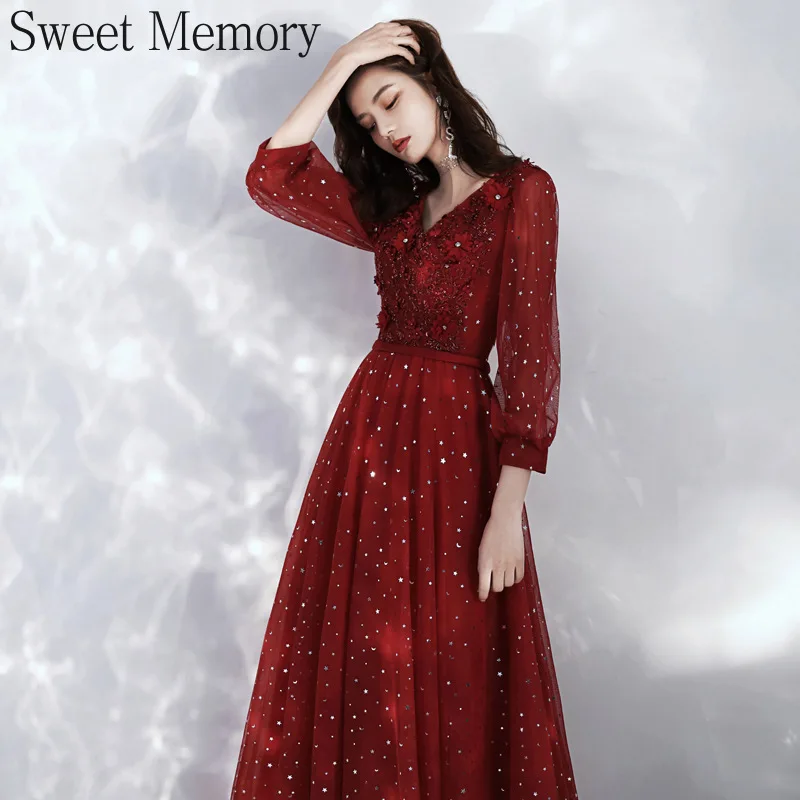 J1130-vestido de noche de manga larga rojo vino para niña, Vestidos de cumpleaños con apliques de flores, Túnica de tul con cordones, Vestidos de fiesta para mujer