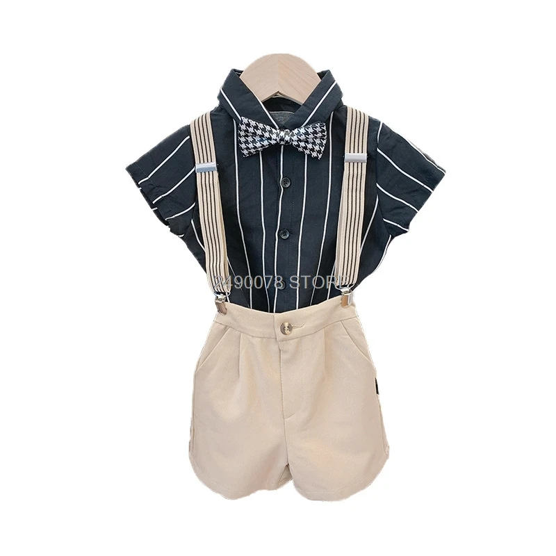 

Boys School Uniform Clothing Set Kids Formal Strap+Shirt +Shorts Wedding Birthday Dress Children Piano Dance Performance Costume