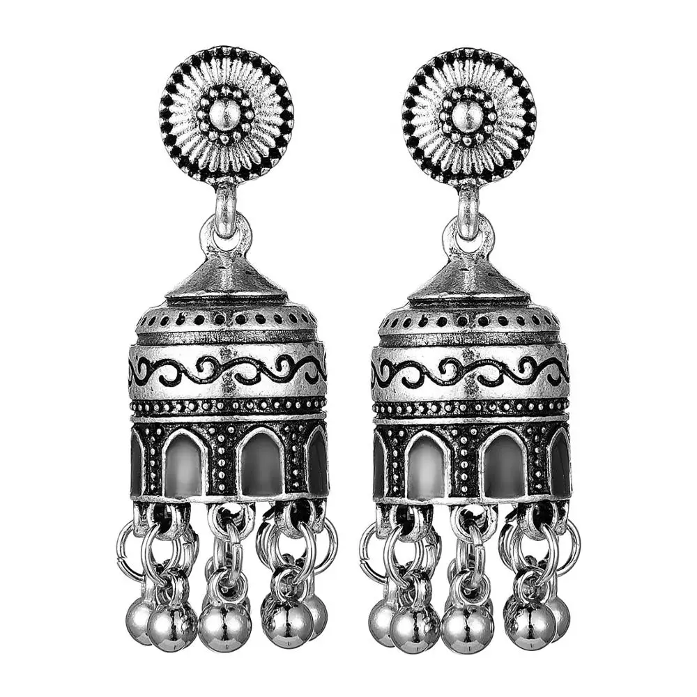 Womens Bollywood Boho Bells Indian Jhumka Earrings Ethnic Retro Oxidized Silver Color Tassel Carved Dangle Earrings For Women