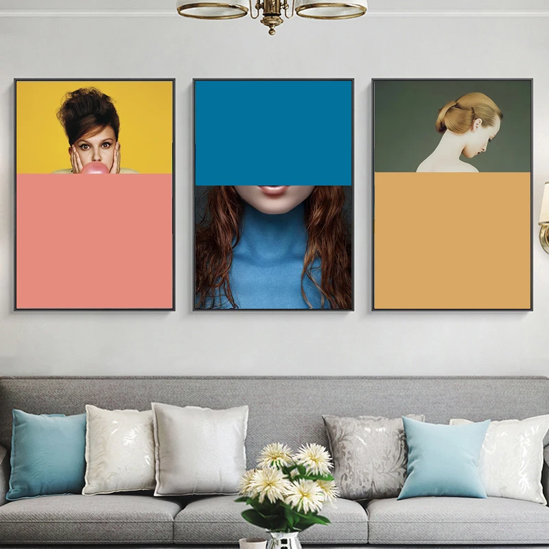 Color Masked Gentle Woman Blue Yellow Red Modern Figure Poster Wall Art Canvas Decorative Painting Home Decoration Living room