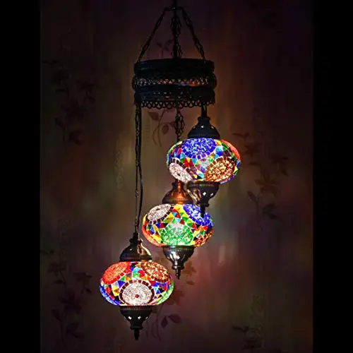 LaModaHome 35 + Unique Colors, 2020 Customizable Chandelier 3 Globes + Free 3 Bulbs, stunning Mosaic Turkish Lamp Moroccan Light