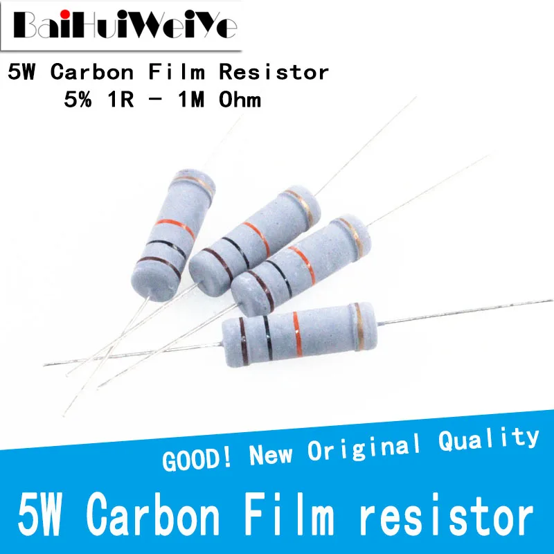 10Pcs 5W Carbon Film Resistor 5% 1R ~ 1M 2.2R 10R 22R 47R 51R 100R 150R 470R 1K 4.7K 10K 47K 1 2.2 10 22 47 51 100 150 470 Ohm