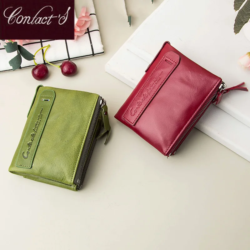 Contact‘S Genuine Leather Fashion Short Wallet Women Small Hasp Photo Card Holder Wallets for Women Female Coin Purse