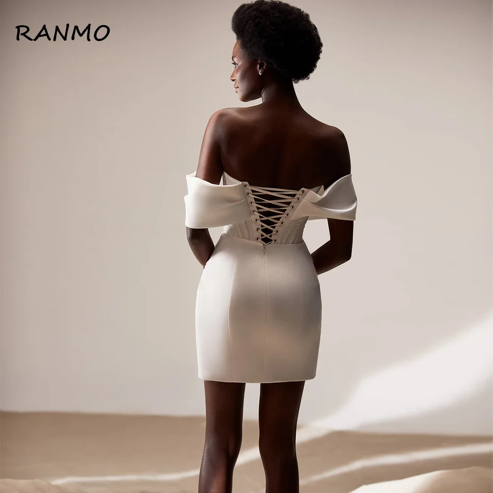 RANMO Short Bride Dress Off the Shoulder Mini Wedding Gown Sheath Lace Up Backless Sexy Above Knee Bridal Reception Dress Mini