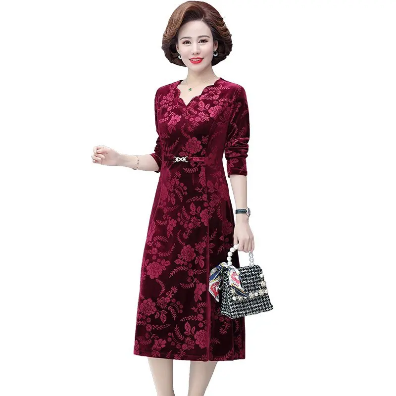 Elegant Winter Velvet Dress Women  Jacquard V Neck Long Sleeves Autumn French Vintage Red Blue Calf Length Dresses vestidos