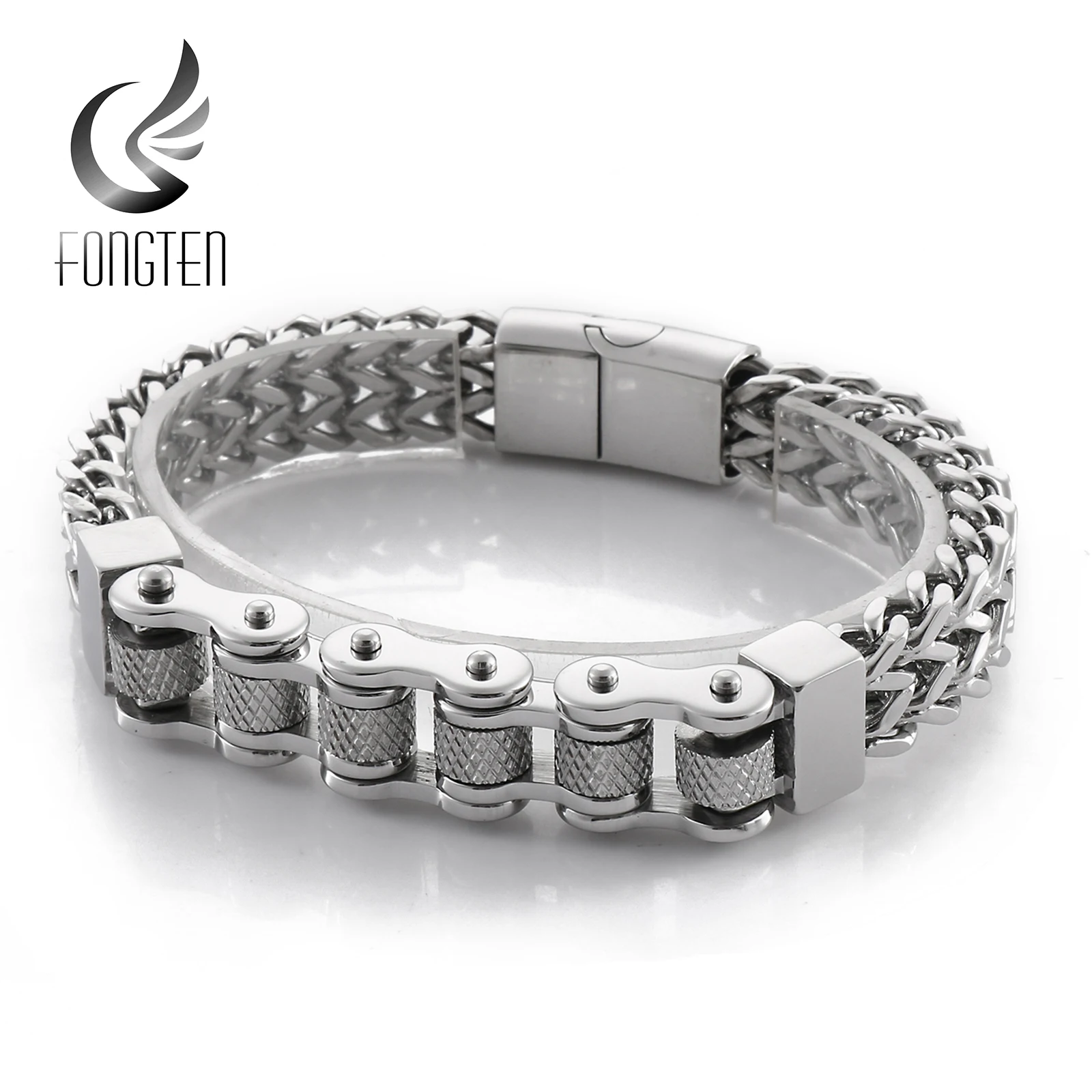 

Fongten Punk Biker Bicycle Charm Men's Bracelet Stainless Steel Woven Mesh Link Chain Trendy Jewelry