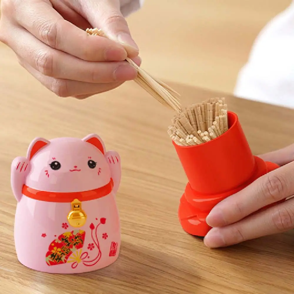 Japanese Cute Cartoon Fortune Cat Toothpick Case Lucky Animal Cat Toothpick Holder Home Table Decoration Storage Box Dispenser