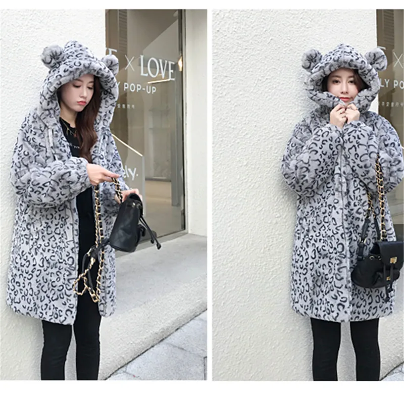 Korean Fashion Winter Thick Warm Gray Leopard Hooded Faux Fur Coat Women Long Overcoat Casual Loose Coath Fur Jacket Female