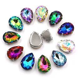 HFOUR 10x14mm/13x18mm Teardrop Shape Glass Crystal Sliver Claw Setting Ab Rhinestones Sew On Garment/Bags/Shoes