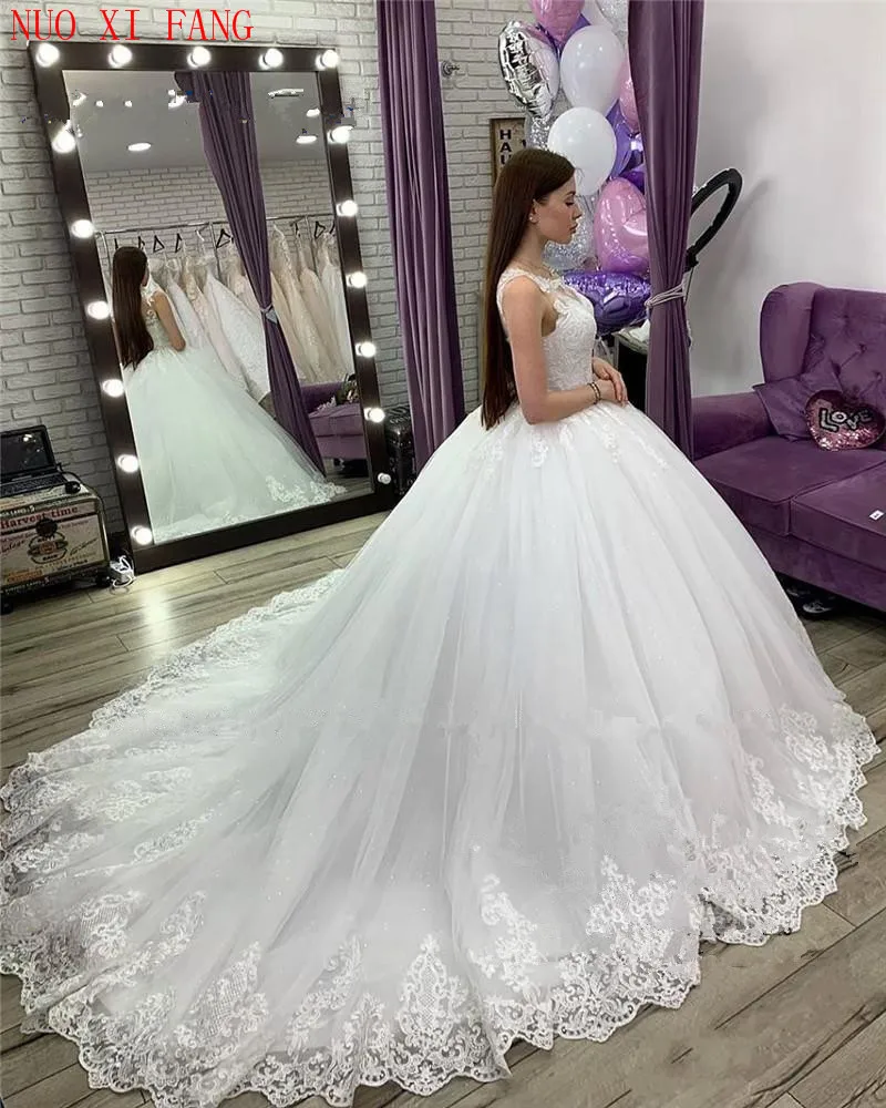 Princesa vestido de novia renda applique vestido de baile casamento 2022 árabe vintage plus size lantejoulas branco inchado tule nupcial