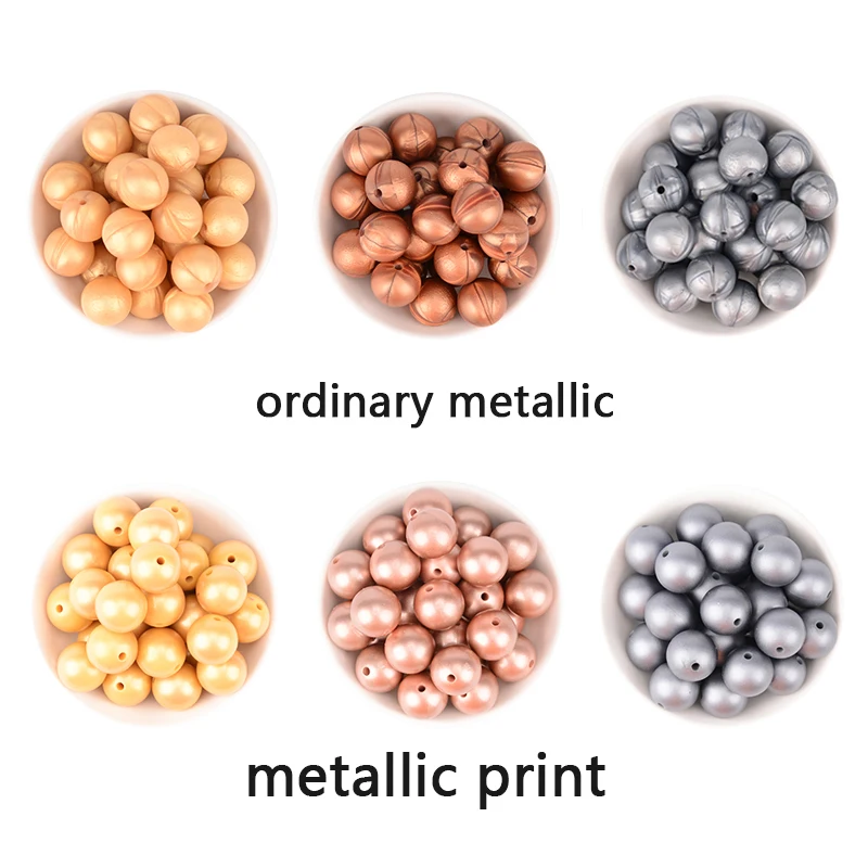 Silicone Beads 10Pcs Metallic Silver/Gold Print 12/15/19mm Copper Print Teething Beads DIY Jewelry BPA Free Pacifier Clip Making