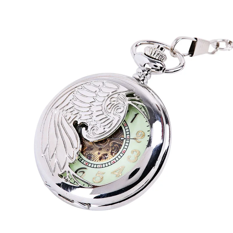 Large silver thick chain half face carved phoenix pattern mechanical pocket watch hot night fluorescent pocket watch