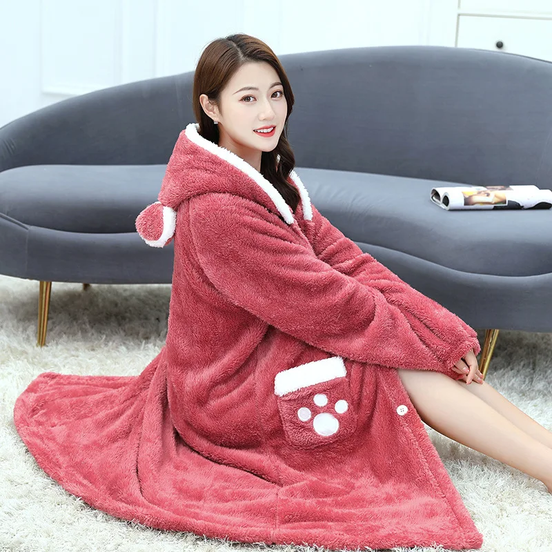 

Autumn And Winter Warm Bear Flannel Pajamas Cartoon Sleepwear Long Thicken Bath Robe Women's Soft Fleece Animal Hooded Nightgown