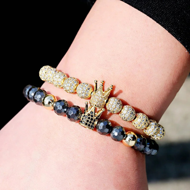 Luxury King Crown Beads Bracelet Set For Men Classic Black Hematit 8mm Ball Copper Bracelets&Bangles Women Jewelry