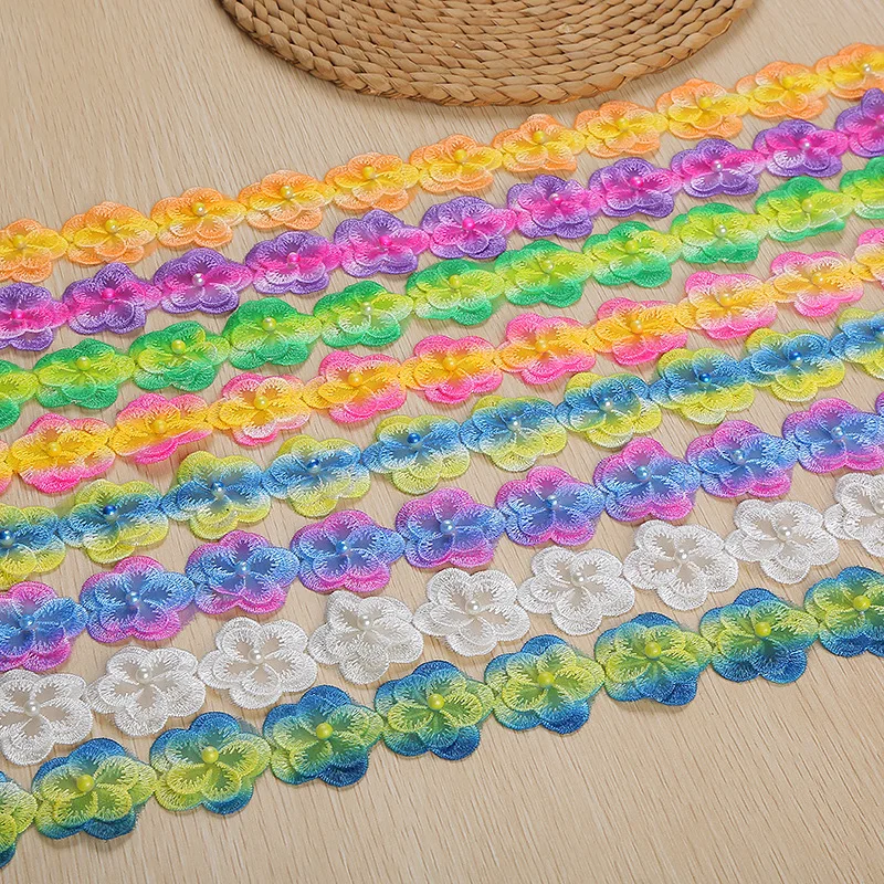 

20Yards Pearls Flower Floral Embroidered Lace Trim White Yellow Green Patch Applique Fabrics Ribbon Sewing Craft Costume Hat