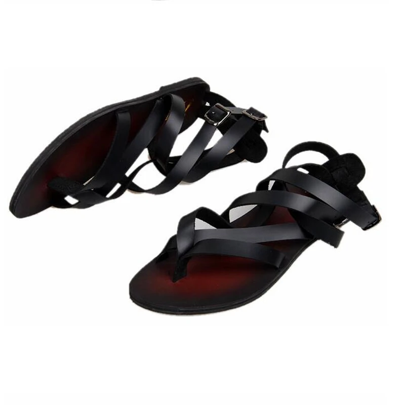 Roman Casual Summer Cross-tied Man Leather T-Strap Beach Shoes Gladiator Men's Narrow Band Sandals