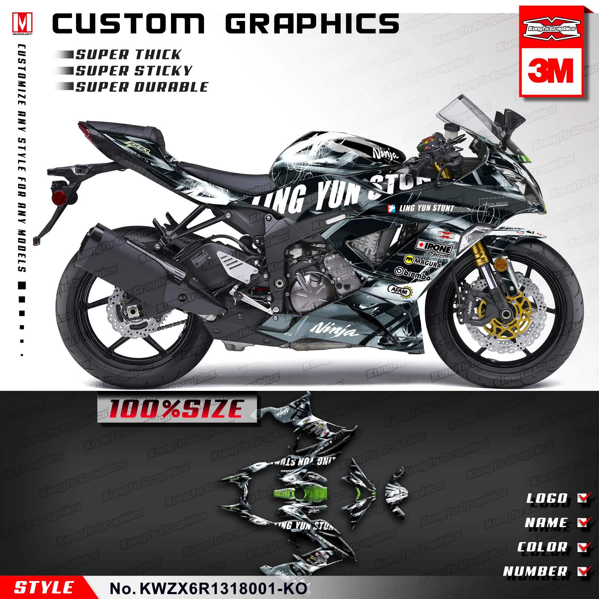 

KUNGFU GRAPHICS Sport Bike Décor Sticker Kit for Kawasaki Ninja ZX-6R 636 ZX6R 2013 2014 2015 2016 2017 2018, Customizable