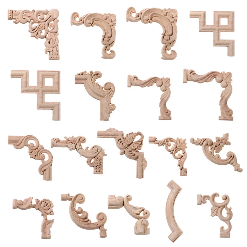 Wooden Home Furniture Door Decor Crafts Carved Wave Flower Onlay Decal Corner Applique Decorative Wood Appliques