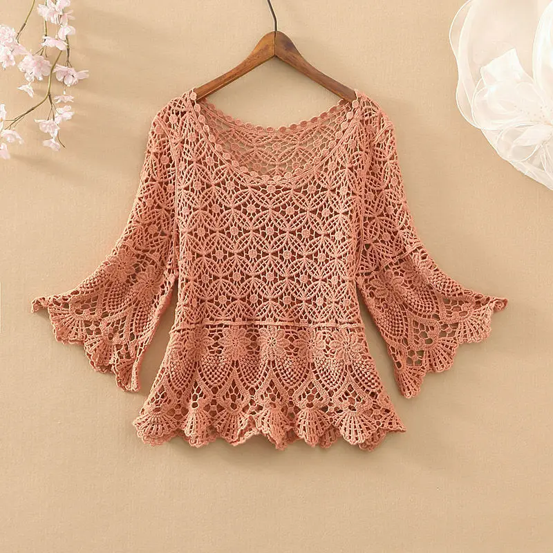 2023 spring and summer fashion new temperament casual outer wear short loose openwork sweater women Western style all-match