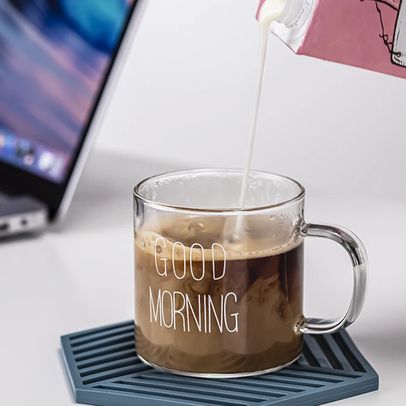 Good Morning Letter Glass Mug with Handle, Coffee Cup, Couple Cups, Breakfast, Milk, Tea, Juice, Cold, Beer, 400ml