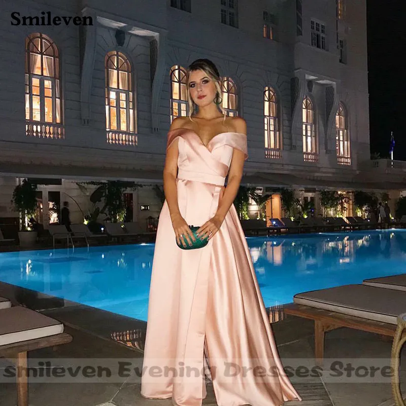 Smileven Nude Pink Off The Shoulder Prom Dress A Line Elastic Party Dress Sexy High Side Split Backless Long Evening Gown