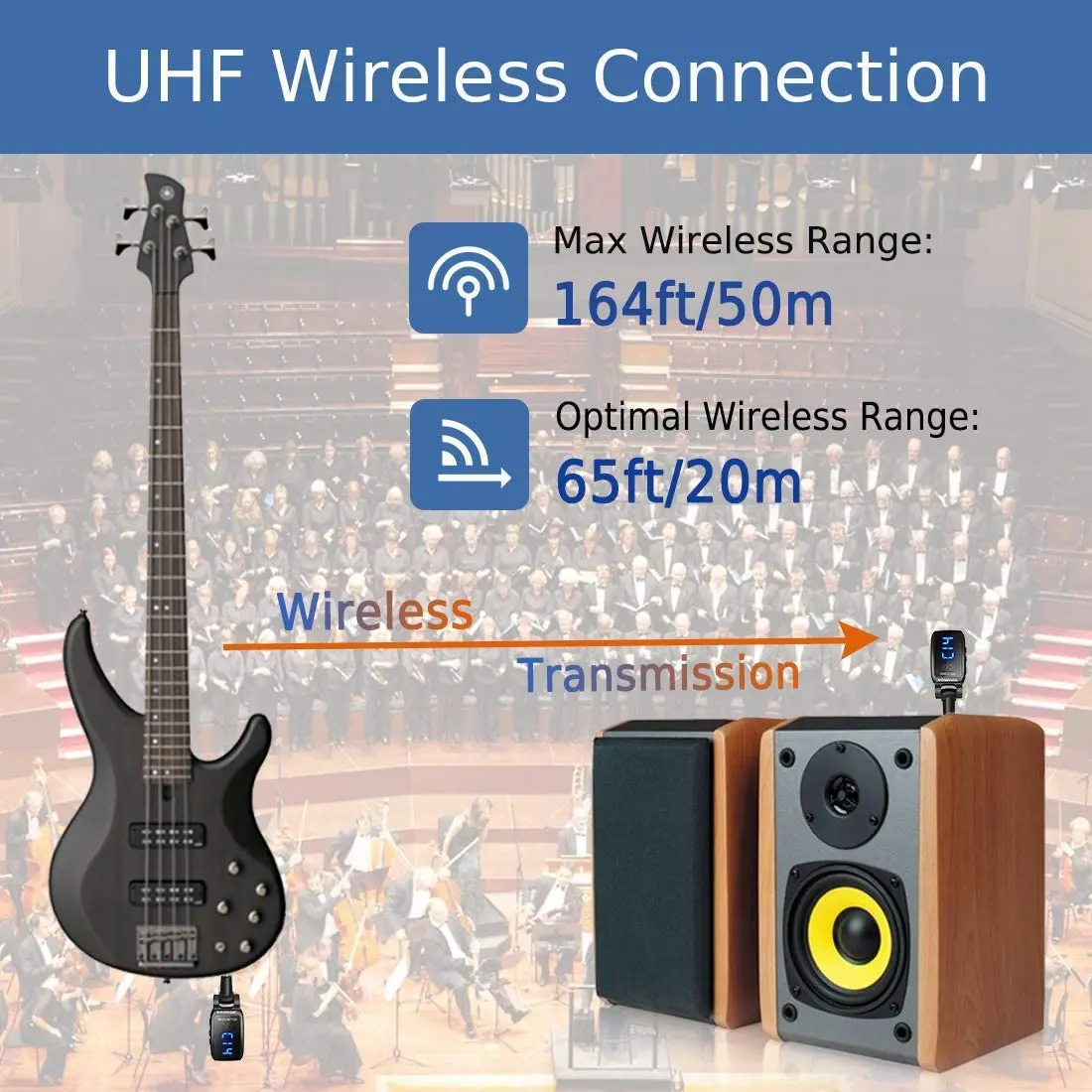 XIAOKOA Wireless Guitar System Rechargeable Upgrated LED Screen 15 Channels UHF Wireless Guitar Transmitter Receiver For Electri