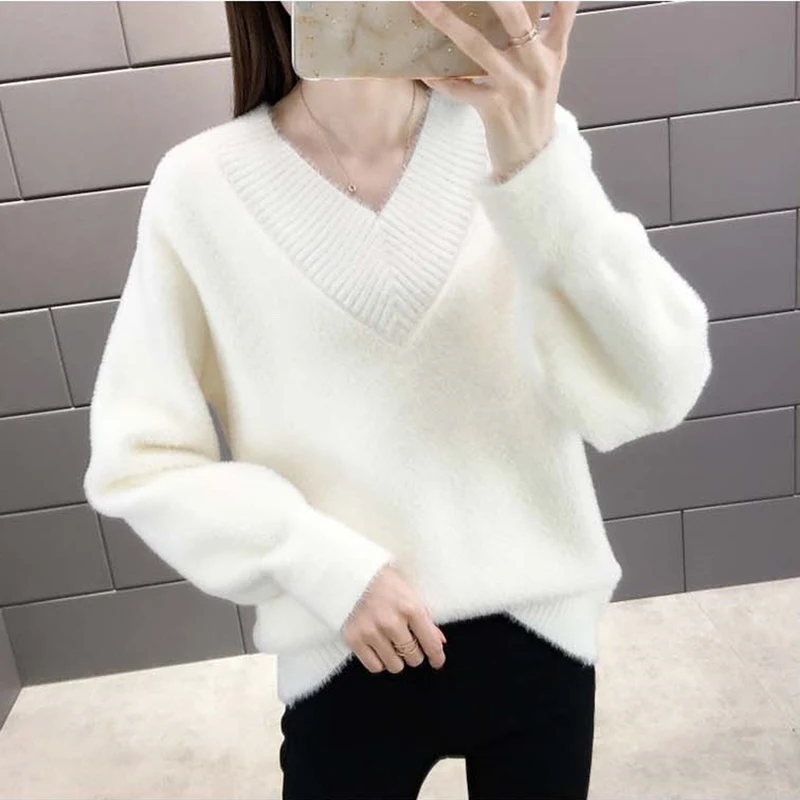 Mink Fleece Pullover Sweater Women New Autumn Winter Knitted Sweater Female Outer Wear Fashion Loose Thick V-Neck Sweater Jacket