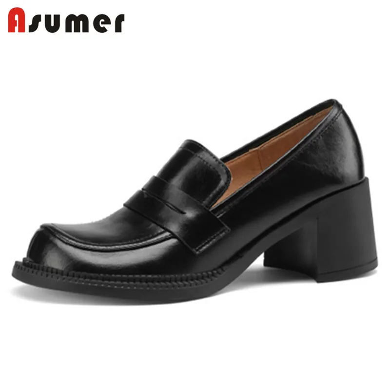 

Asumer 2022 Hot Sale Mary Jane Single Shoes Women Pumps Solid Colors Slip On Genuine Leather Shoes Women High Heel Office Shoes