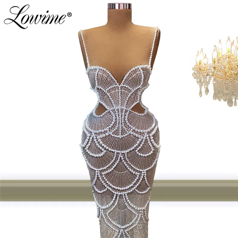 Lowime Pearls Spaghetti Straps Party Dress 2021 Illusion Long Arabic Prom Dresses Mermaid Evening Gown Robe De Soirée De Mariage