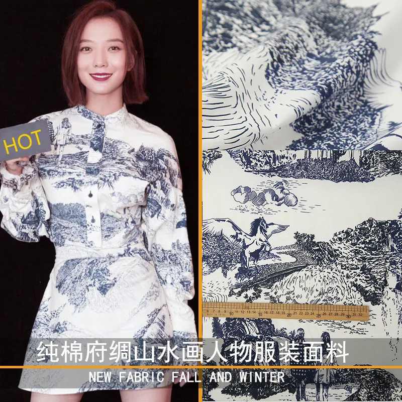 2019 Nieuwe 100% Katoen Stof Landschap Schilderij Digitaal Printen Katoen Kleding Oppervlak Doek Tonen Mode High-End Custom