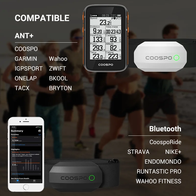 COOSPO BLE-Monitor de ritmo cardíaco ANT +, correa negra para el pecho, Sensor inalámbrico deportivo, Fitness, para ordenador de bicicleta Wahoo