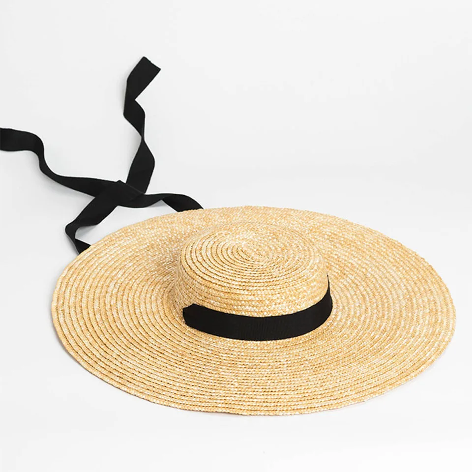 Large Brim Wheat Straw Hat Summer Hats For Women 10cm/15cm/18cm Brim With Black&White Ribbon Beach Cap Boater Flat Top Sun Hat