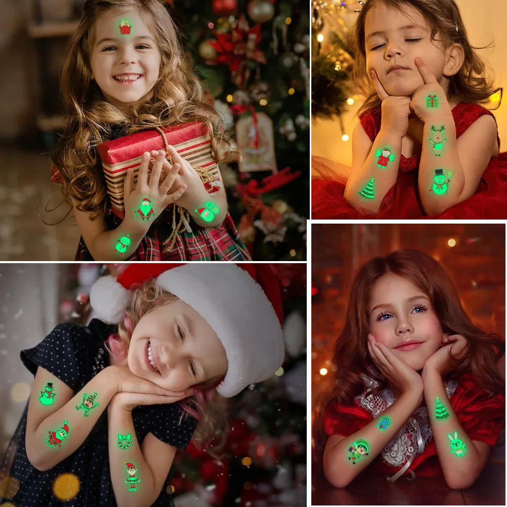 10Pcs/Set Christmas Cartoon Temporary Luminous Tattoos Stickers Children Party Body Art Disposable Stickers Santa Claus Red Cap