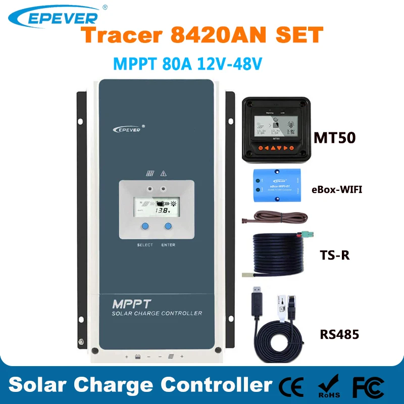 controlador de painel solar epever mppt auto tracer8420a 80a 200v 12v 24v 36v 48v regulador lcd mppt solar carregador rs485 wifi mt50 01